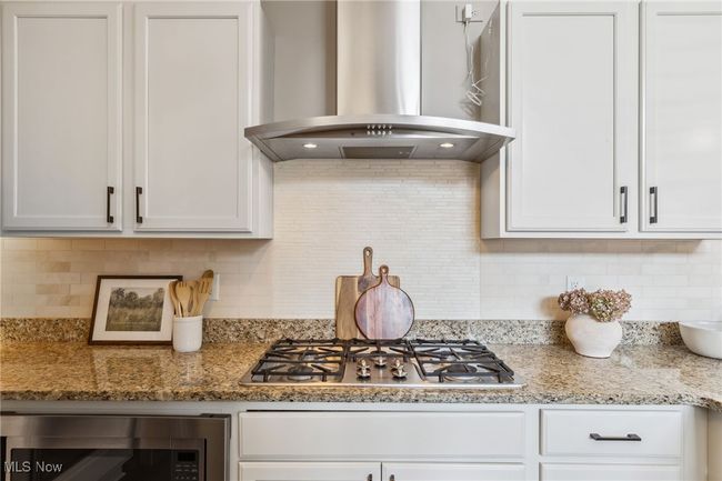 Granite countertops with stainless steel vent hood and cooktop | Image 15