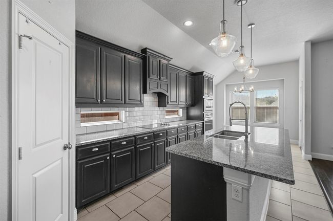 Kitchen with decorative backsplash, dark cabinetry, stone countertops, black electric cooktop, and a sink | Image 19