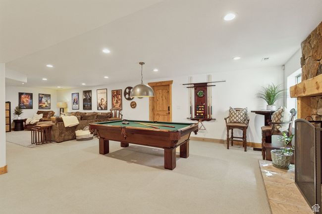 Playroom with billiards, light carpet, recessed lighting, and baseboards | Image 49