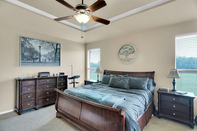 Bedroom with light carpet, multiple windows, ornamental molding, baseboards, and ceiling fan | Image 11