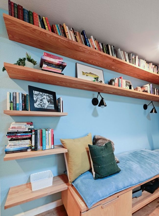 • Custom bookshelves, cabinetry, and built-in closet in living nook, 2019. Custom made bench, shelving, and built-in closet by local Austin carpenter, and upholstery (cushions) from local Austin upholster Rayne Wares. | Image 9