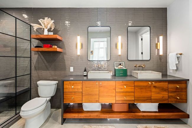 Bathroom with double vanity, decorative backsplash, and an oversized walk-in shower | Image 26
