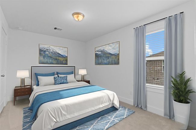 Another bright upstairs bedroom featuring carpet, a large window with neighborhood views, and a versatile layout perfect for rest or study. *Virtually Staged Photo* **Image Representative of Plan Only and May Vary as Built**. | Image 31
