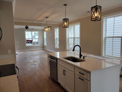 Oversized island for informal gatherings. Built-in trash and recycling. Beautiful quartz counters, Whirlpool appliances. Matte black hardware and fixtures; Delta matte black faucets throughout. | Image 3