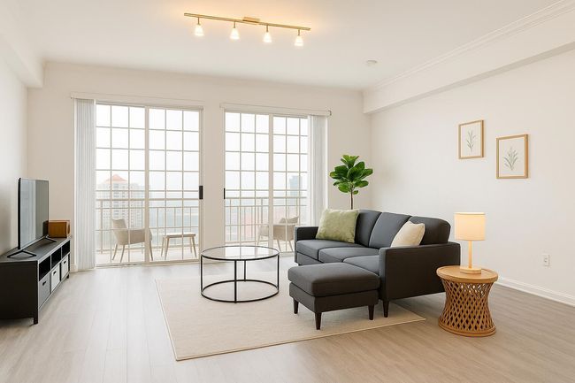 Living area with light wood-style flooring and crown molding | Image 5