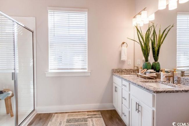 Full bathroom featuring baseboards, wood finished floors, a healthy amount of sunlight, and a stall shower | Image 13
