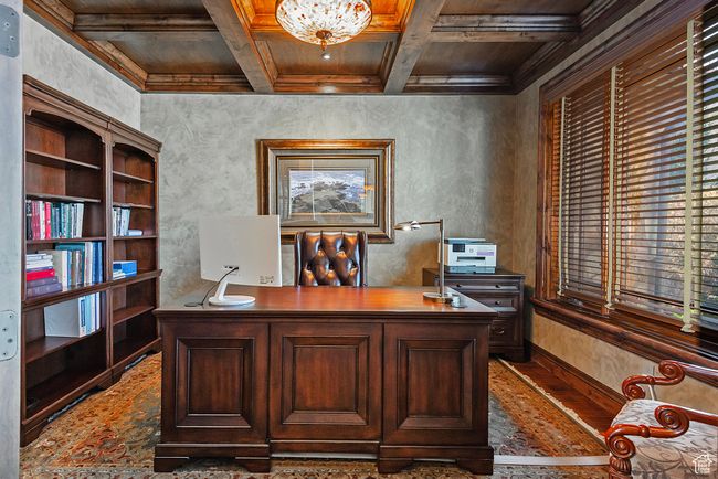 Office area with coffered ceiling, wooden ceiling, beamed ceiling, and baseboards | Image 28