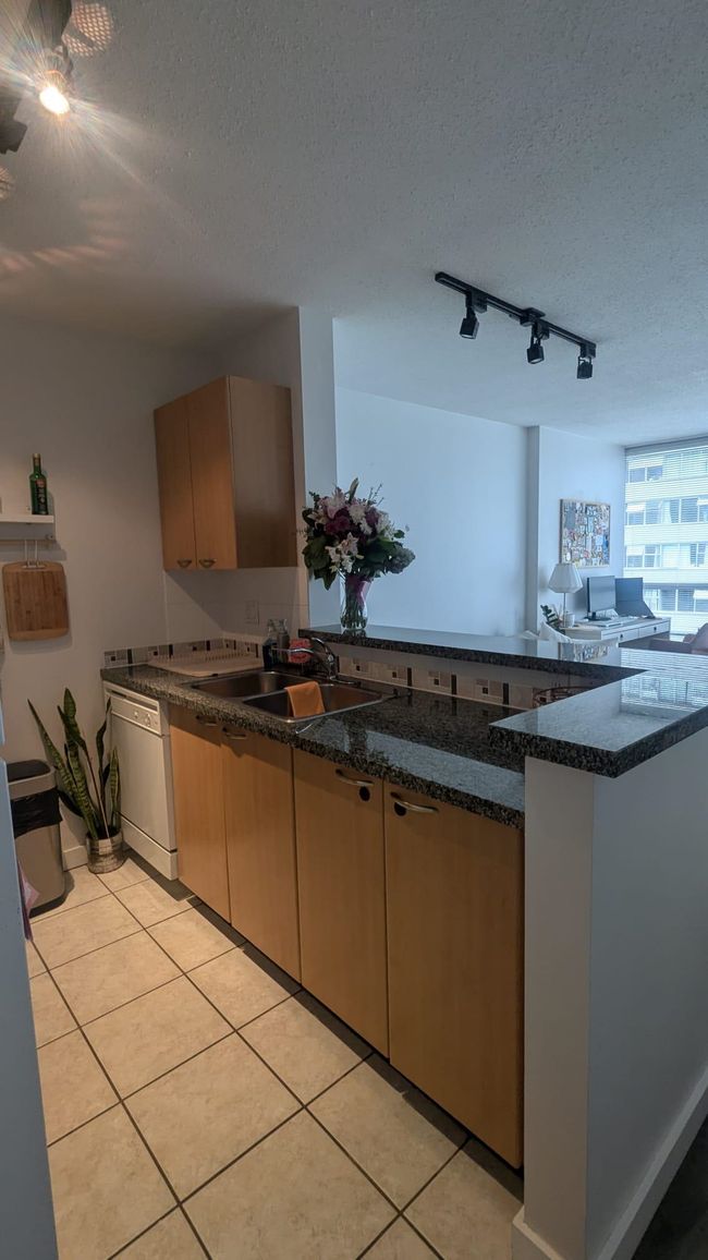 Kitchen with rail lighting, light tile patterned floors, dishwasher, and a sink | Image 11