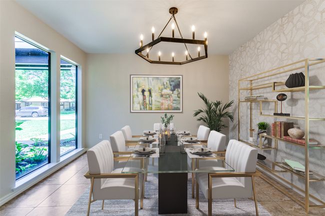 Dining room with wallpapered walls, a chandelier, and tile patterned floors | Image 4