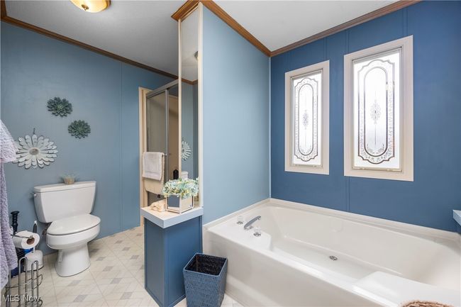Full bathroom featuring crown molding, a bath, a shower stall, and tile patterned floors | Image 39