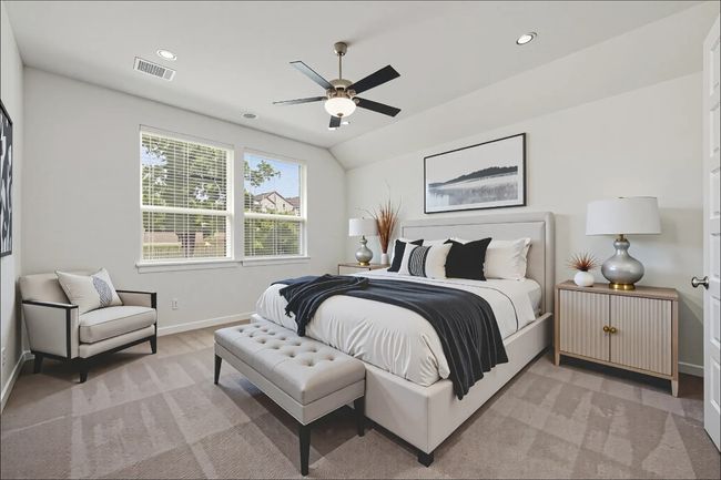 Bedroom with light colored carpet, recessed lighting, and a ceiling fan.(Virtual Staging) | Image 17