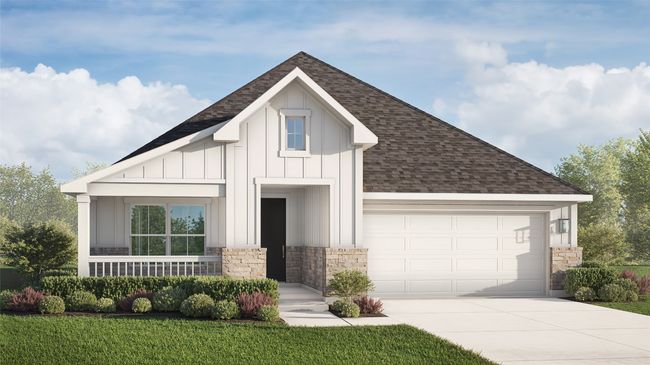 View of front of house with a porch, a shingled roof, concrete driveway, a garage, and board and batten siding | Image 10