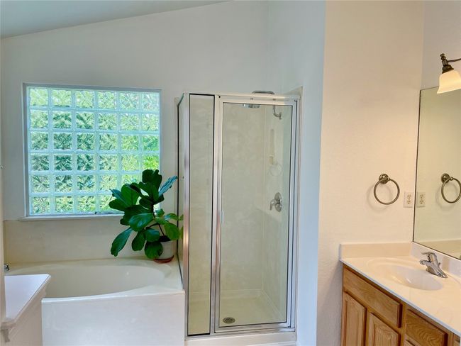 Separate shower, soaking tub, dual sinks, glass block window | Image 19