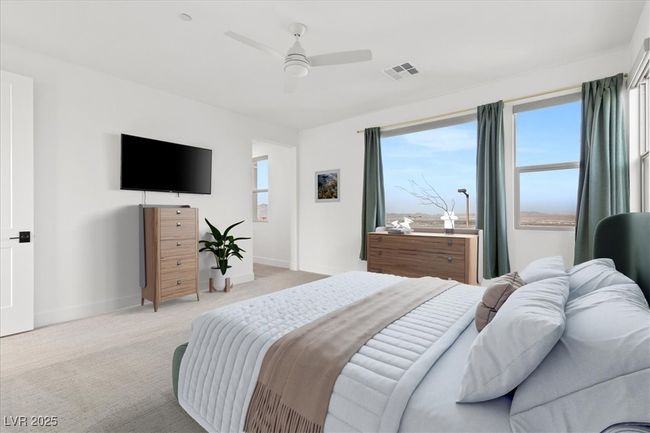 ***Virtually Staged** Bedroom with baseboards, visible vents, a ceiling fan, and light carpet | Image 12