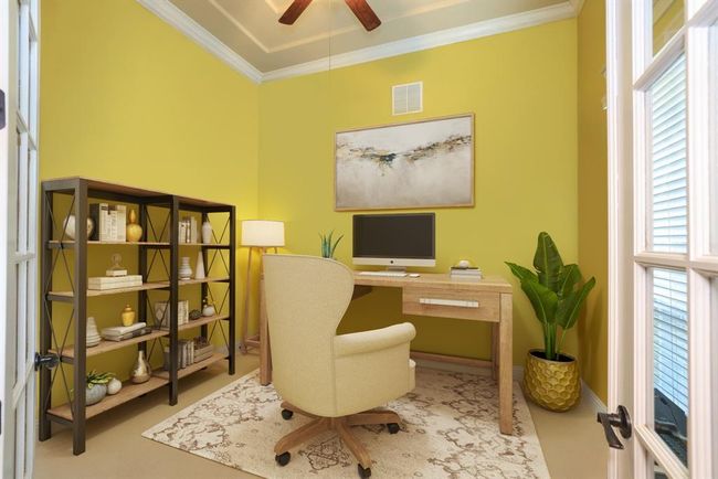 Study with double glass doors, tall ceilings crown molding and fan with light kit. Beautiful windows to courtyard | Image 10