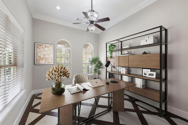 Tucked at the front of the home, this light-filled study blends refined style with function, featuring rich geometric wood and tile flooring for the perfect creative retreat. *This photo has been virtually staged.* | Image 6