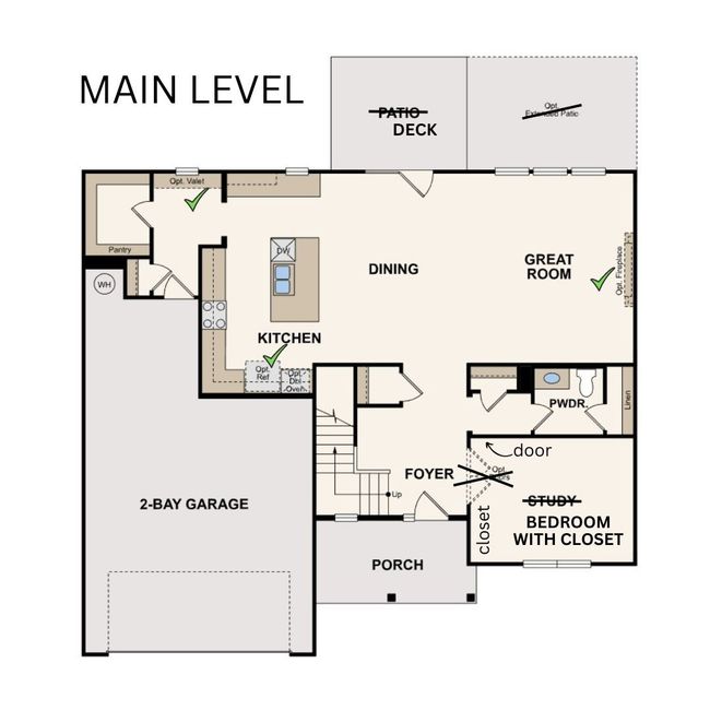 Main level floor plan - upgrade options marked with a green check mark | Image 47