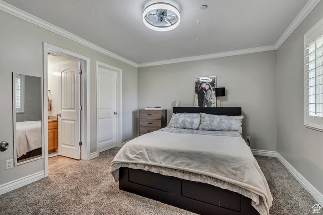 Carpeted master bedroom featuring ornamental molding and ensuite bath | Image 4