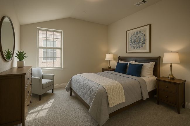 Bedroom with visible vents, baseboards, light carpet, and lofted ceiling | Image 14