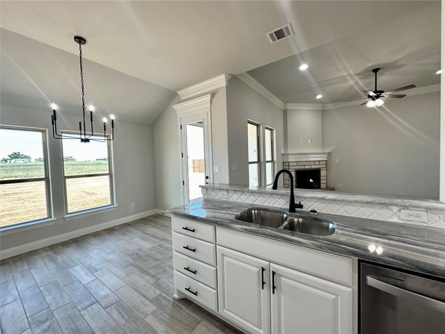 Kitchen with a sink, dishwasher, a stone fireplace, white cabinets, and wood finished floors | Image 9