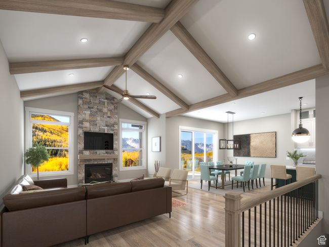 Living room featuring ceiling fan with notable chandelier, light hardwood / wood-style floors, beam ceiling, and high vaulted ceiling | Image 5