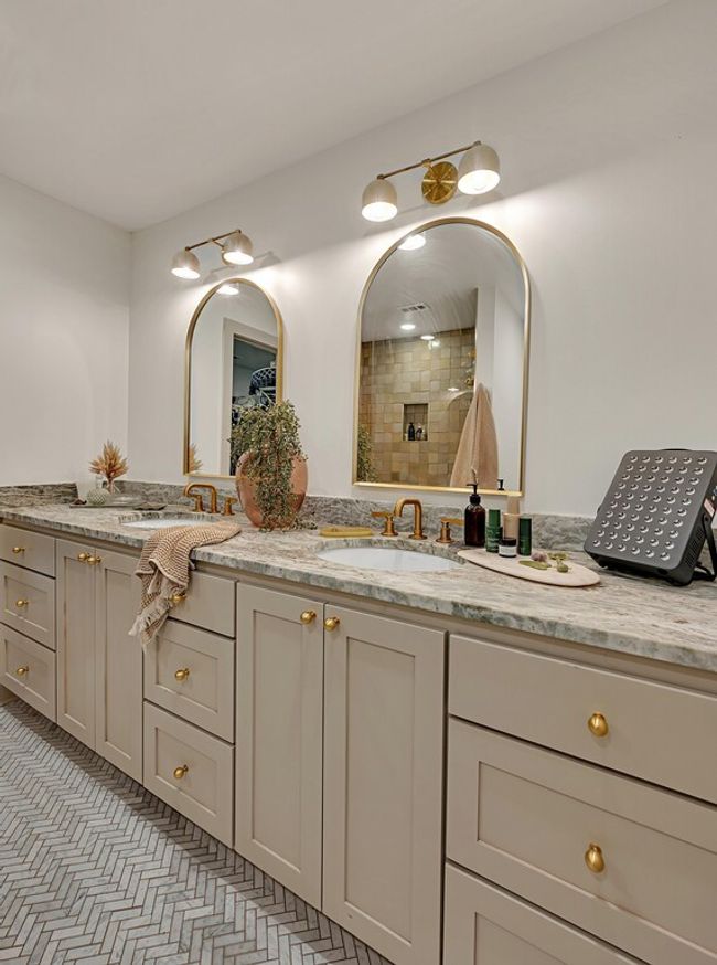 Primary ensuite bath featuring double vanity and a tile shower | Image 26