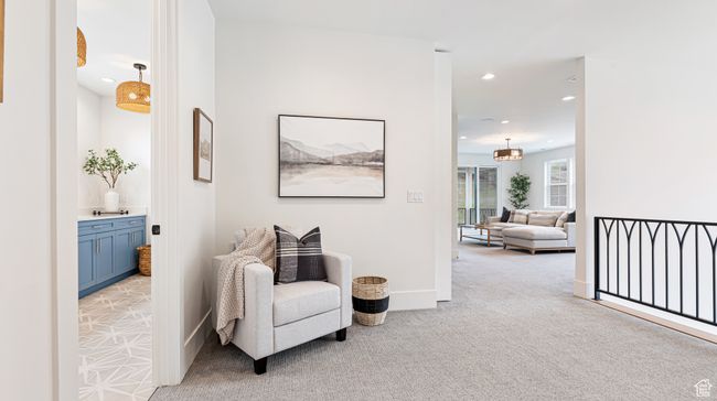 Living area with recessed lighting, baseboards, and light colored carpet | Image 38
