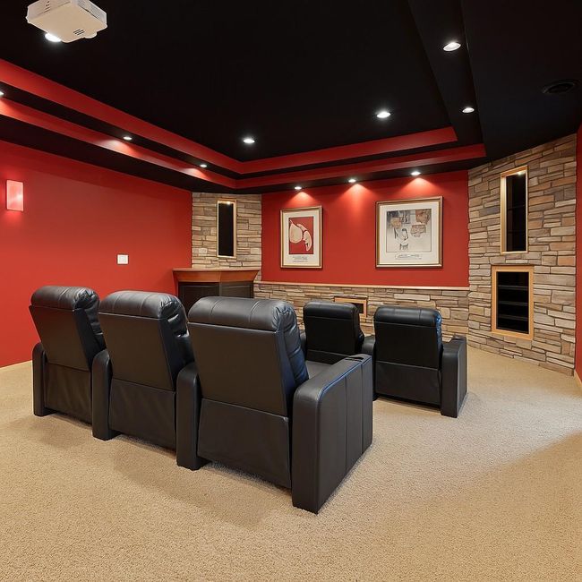 Lower Level Home Theatre with Drop Down Screen and Fireplace | Image 42
