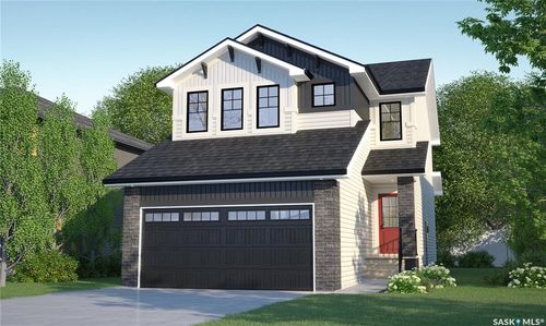 Contemporary exterior featuring vertical and horizontal siding, stone veneer accents, a dark shingle roof, an attached garage, and a vibrant red entry door | Card Image