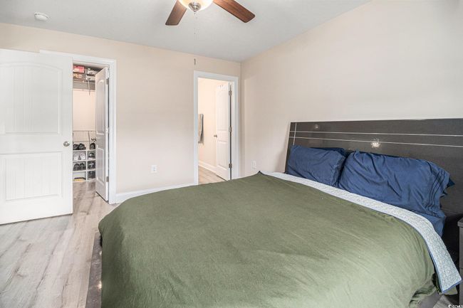 Bedroom featuring a walk in closet, light wood-type flooring, baseboards, a closet, and ceiling fan | Image 11