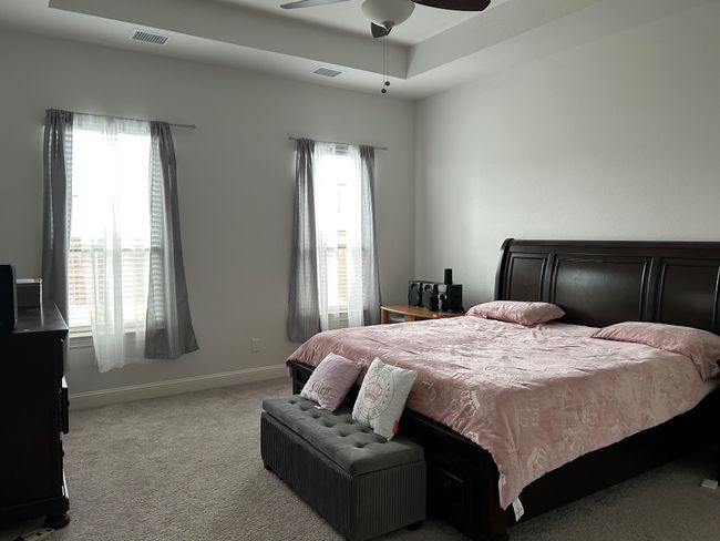 Carpeted bedroom featuring baseboards, ceiling fan, a tray ceiling, and visible vents | Image 6