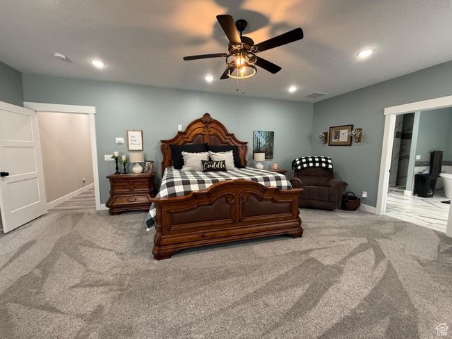 Carpeted bedroom featuring baseboards, visible vents, ceiling fan, and recessed lighting | Image 32