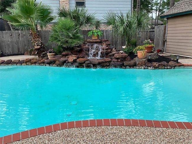 This backyard features a sparkling chlorine or saltwater pool with a charming rock waterfall, surrounded by lush palm trees and greenery, creating a perfect oasis for relaxation and entertainment. | Image 33