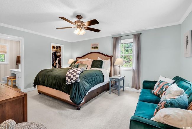 Bedroom with carpet flooring, multiple windows, a walk in closet, crown molding, and a closet | Image 18