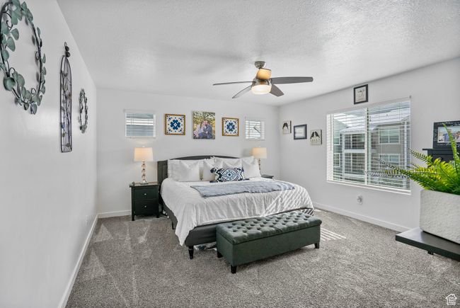 Carpeted bedroom with a textured ceiling, baseboards, and multiple windows | Image 11