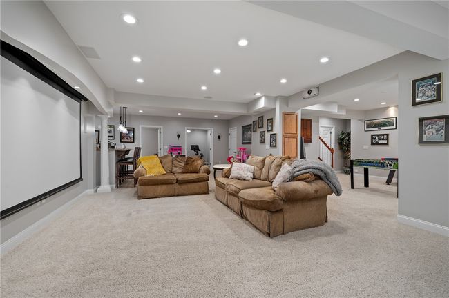 Walk out lower level game room or theater area with retractable screen and bar area with tv | Image 27