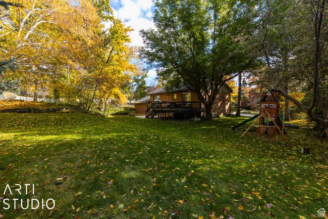 View of green lawn with a deck and a playground | Image 45