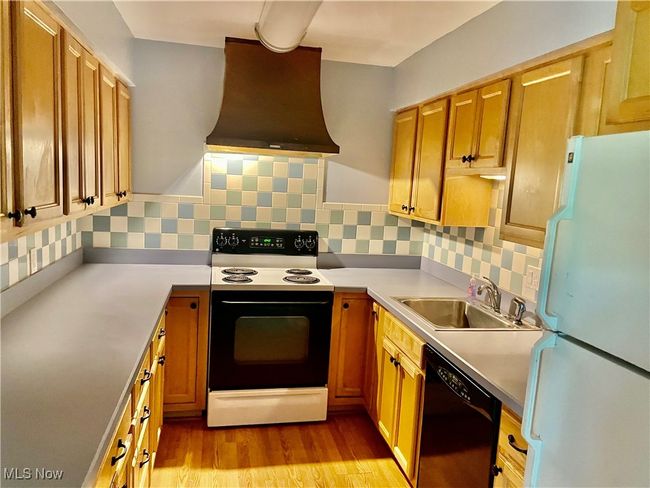 Kitchen with electric range, freestanding refrigerator, dishwasher, premium range hood, and a sink | Image 11