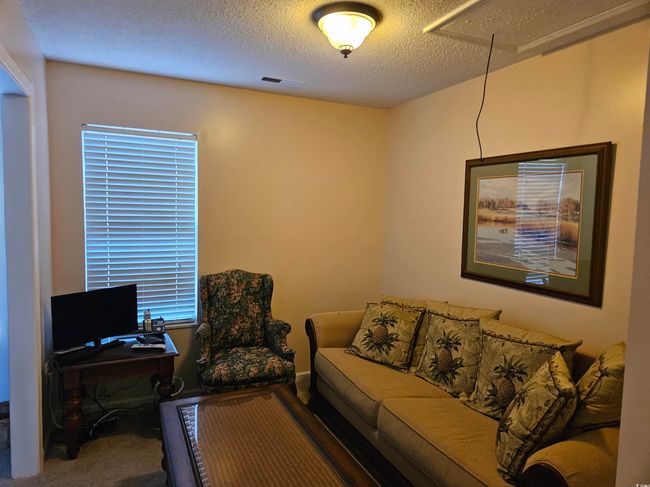 Living room featuring attic access, carpet floors, and a textured ceiling | Image 23