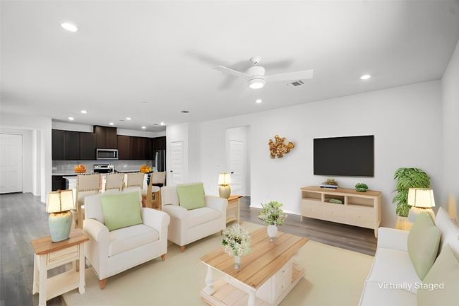 Living room featuring recessed lighting, ceiling fan, and light wood-type flooring | Image 7
