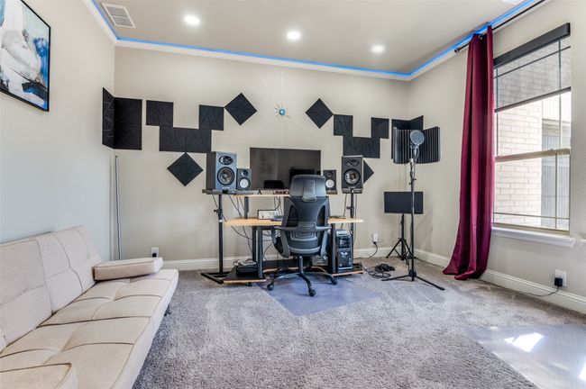 Home office featuring carpet flooring and ornamental molding | Image 19