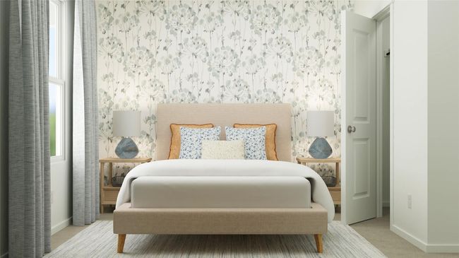 Bedroom featuring wallpapered walls, baseboards, carpet flooring, and multiple windows | Image 25
