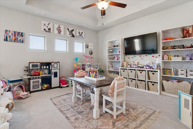 Recreation room featuring carpet floors, visible vents, and a raised ceiling | Image 18