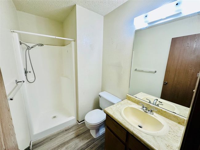 Full bathroom featuring wood finished floors, a textured ceiling, a shower stall, and vanity | Image 20