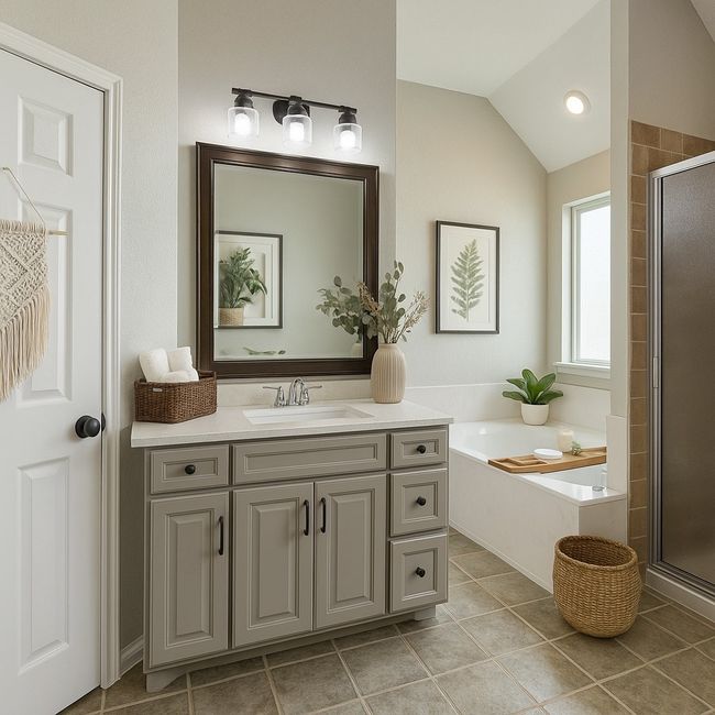Full bathroom with a shower stall, vaulted ceiling, a bath, vanity, and tile patterned flooring | Image 26
