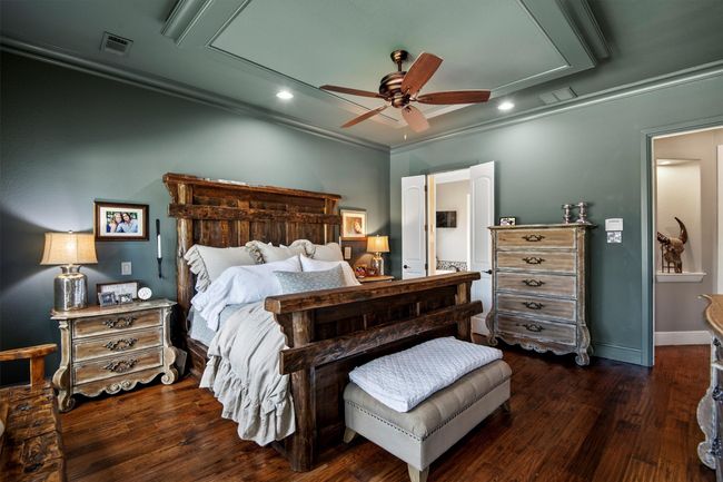 Bedroom featuring attic access, recessed lighting, wood finished floors, crown molding, and a ceiling fan | Image 17