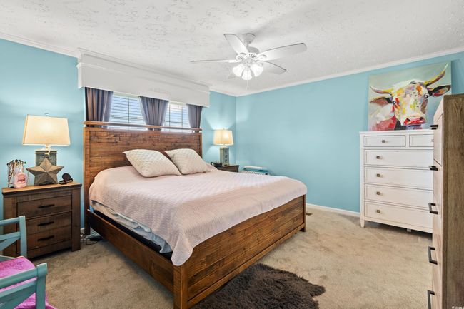 Bedroom featuring carpet floors, crown molding, a ceiling fan, and a textured ceiling | Image 14