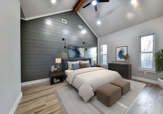 Bedroom with vaulted ceiling with beams, ceiling fan, light hardwood / wood-style flooring, and multiple windows | Image 7