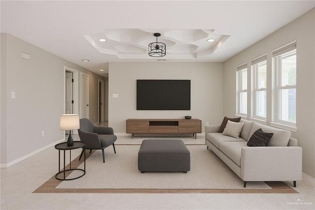 Living room with recessed lighting, coffered ceiling, light tile patterned floors, and baseboards | Image 24