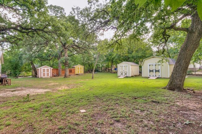 View of green lawn with a storage unit and view of scattered trees | Image 24